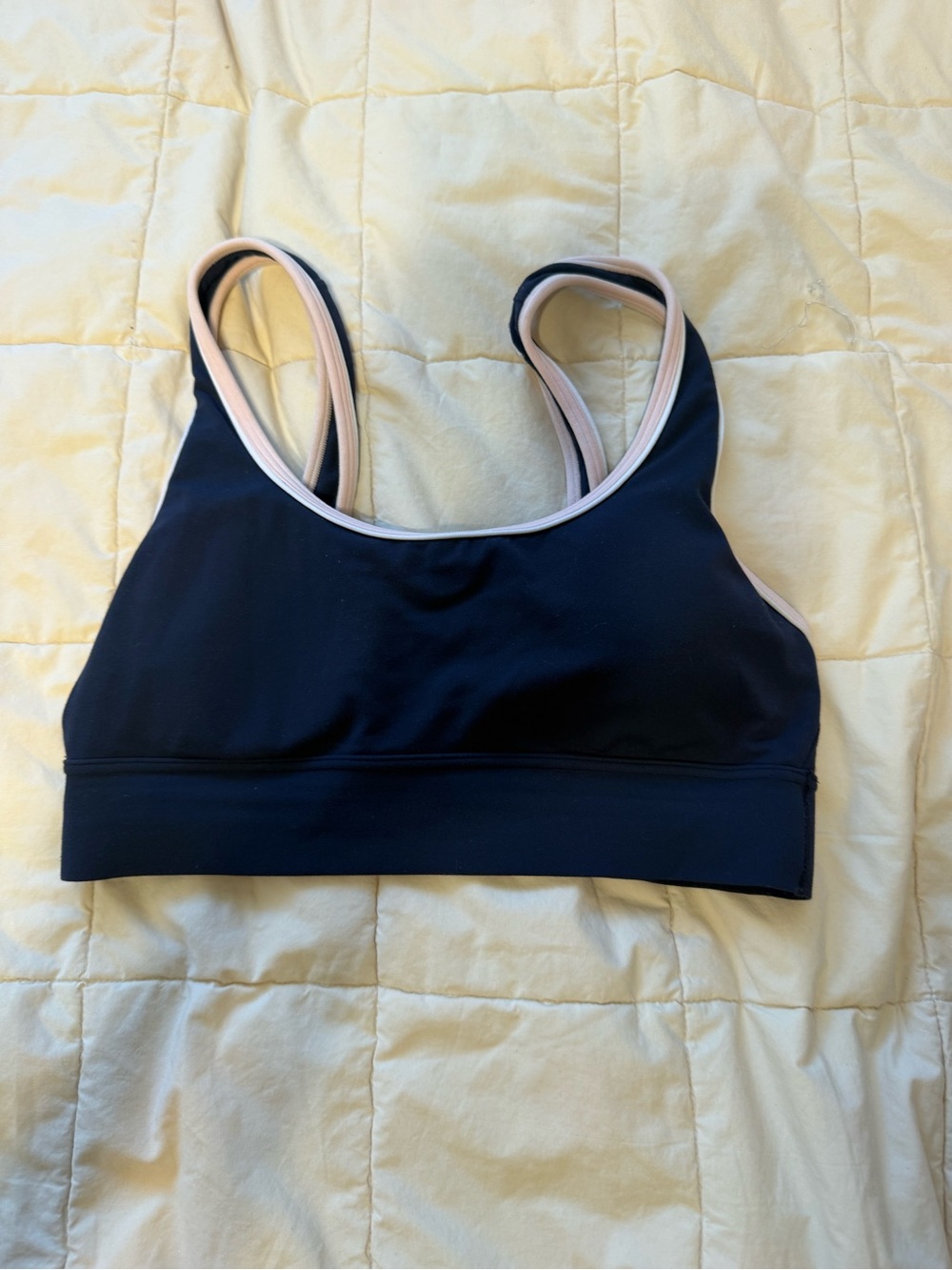 Athleta Navy Sports Bra with Blush Trim